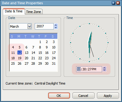 Windows Date and Time properties